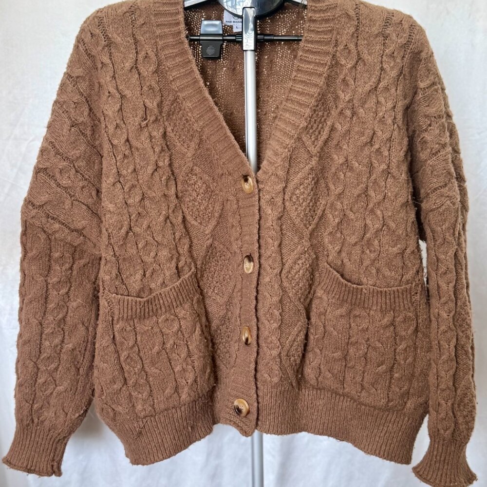 Pink Diamond | Cable Knit Cardigan Brown | Size L - Picture 3 of 4